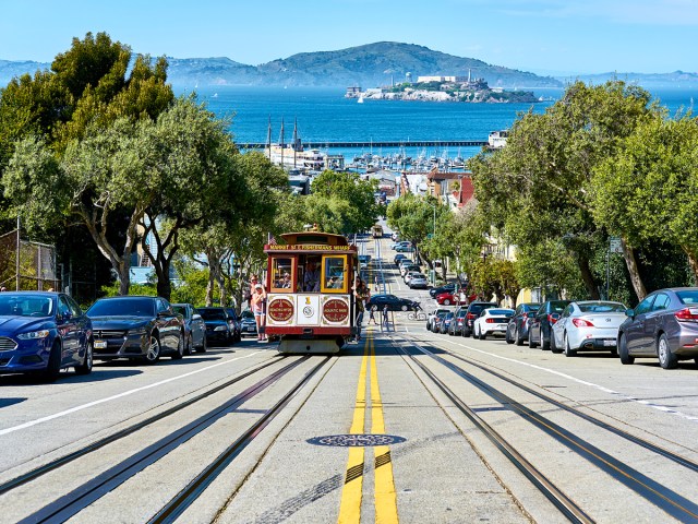 Cable car on streets of San Francisco, California