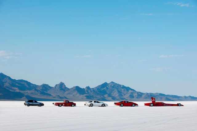 Cars racing in the Bonneville Salt Flats, Utah