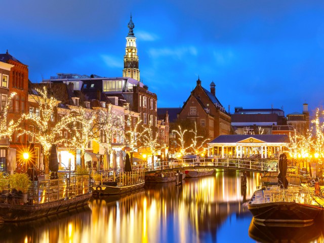 Holiday lights along canal in the Netherlands