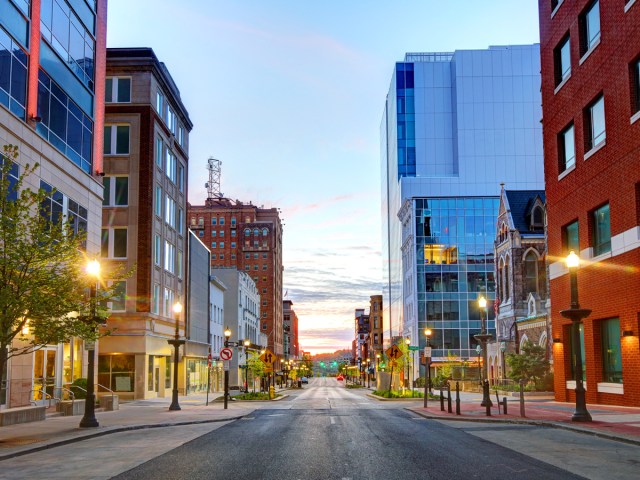 Empty downtown street at dusk in Allentown, Pennsylvania