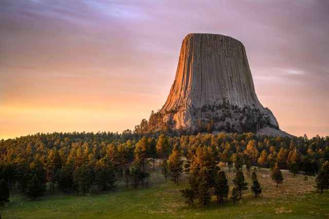 Devils Tower National Monument in Wyoming, seen at sunset