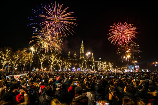 New year fireworks display and onlookers in Vienna, Austria