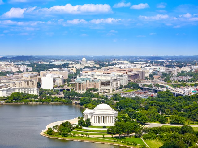 Aerial view of Jefferson Memorial, Tidal Basin, and surrounding buildings in Washington, D.C.