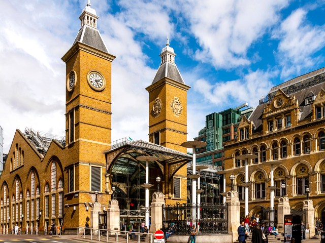 Clock tower over entrance to London Liverpool Street station in England