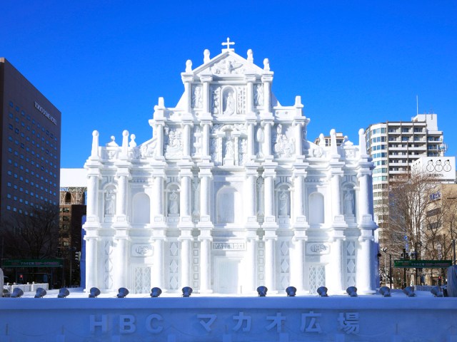 Castle carved of ice and snow at the Sapporo Snow Festival in Japan