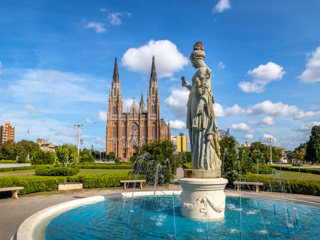 La Plata Cathedral and Plaza Moreno Fountain in Buenos Aires, Argentina