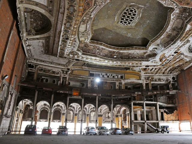 Cars parked in the former Michigan Theatre in Detroit, Michigan