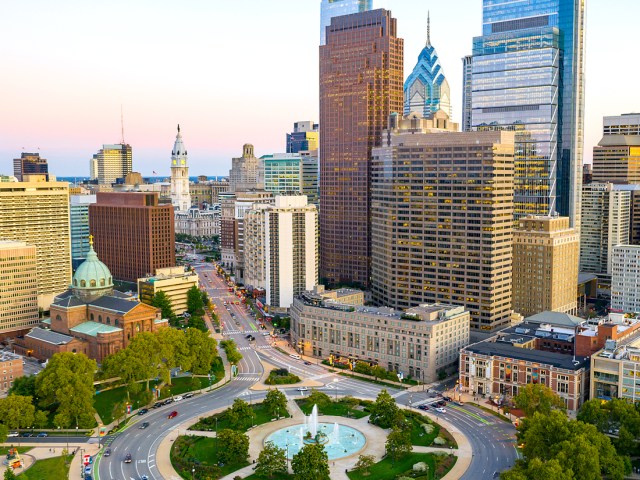 Aerial view of downtown Philadelphia at sunset