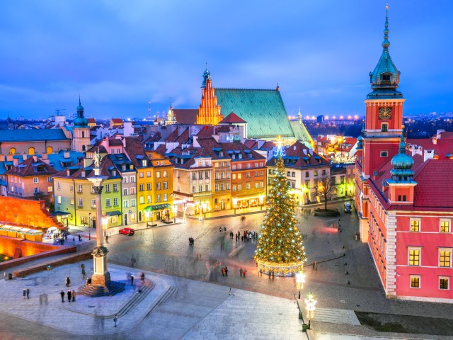 Aerial view of Christmas tree in Warsaw city square