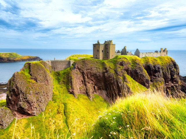 Clifftop castle ruins overlooking the sea in Aberdeen, Scotland