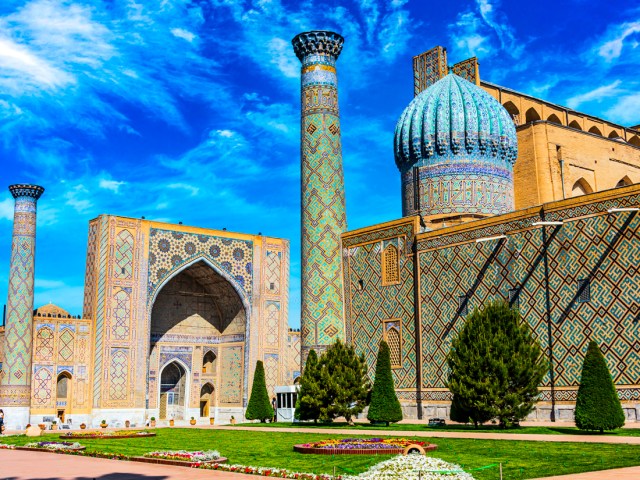 Mosaic-covered buildings in public square in Samarkand, Uzbekistan 