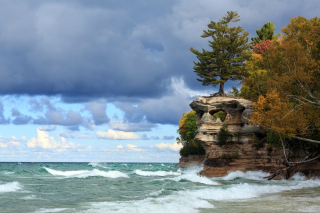 Wind-battered coastline of Pictured Rocks National Lakeshore in Michigan