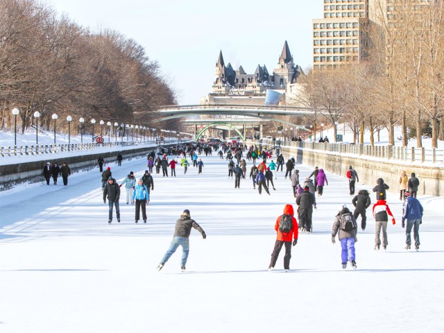 Skaters on the frozen Rideau Canal in Ottawa, Canada