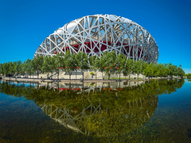 National Stadium in Beijing, China, with reflection on lake