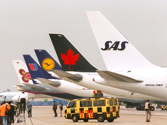 Tails of aircraft belonging to the Star Alliance founding member airlines parked at their gates