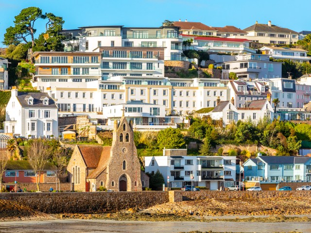 Seaside church and homes on the island of Jersey