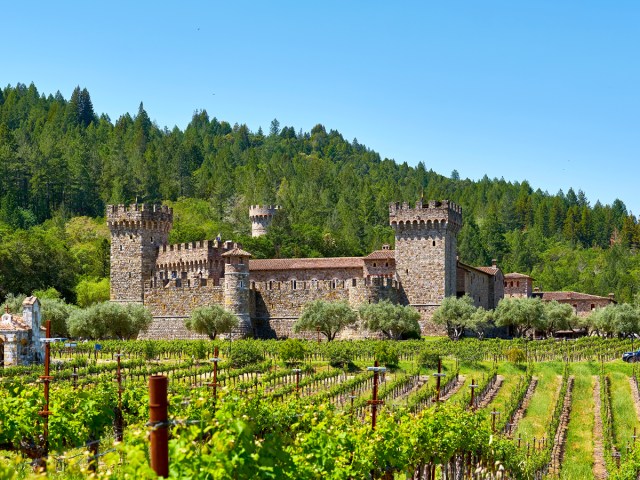 Castello di Amorosa surrounded by vineyards in Calistoga, California