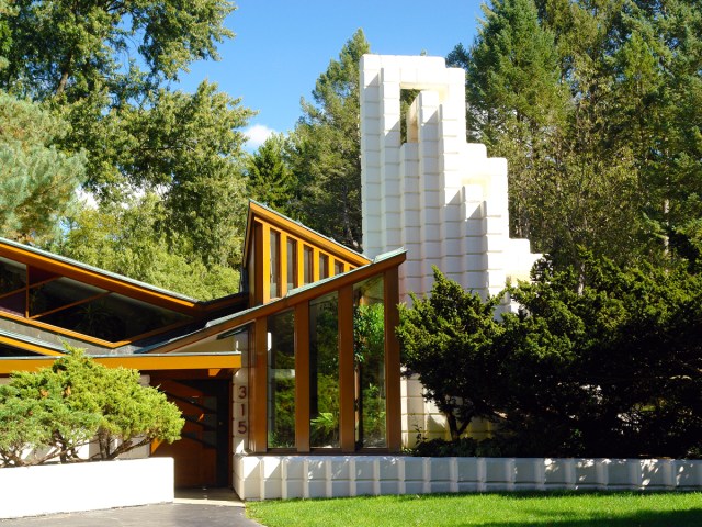 Distinctive facade of the Alden B. Dow Home and Studio in Midland, Michigan