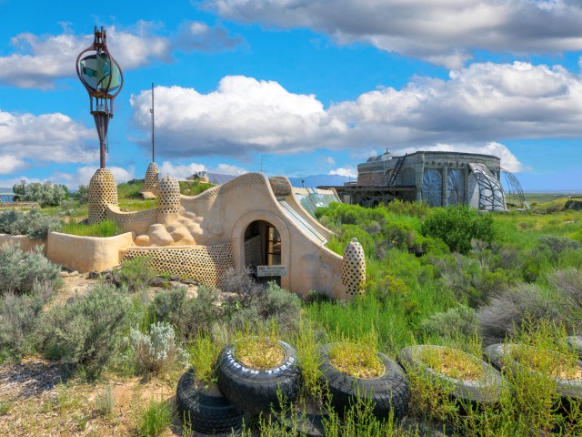 Earthship homes in desert landscape of Taos, New Mexico