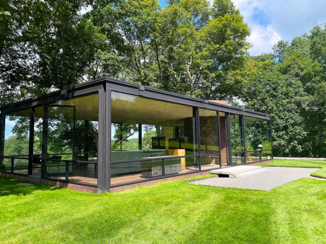 Exterior of the Glass House in the Connecticut countryside