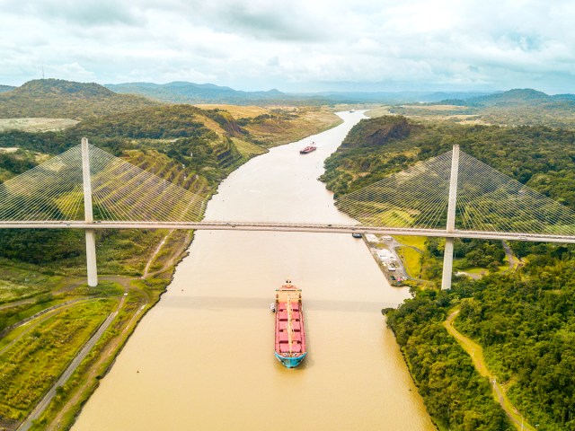 Aerial view of ships passing through the Panama Canal