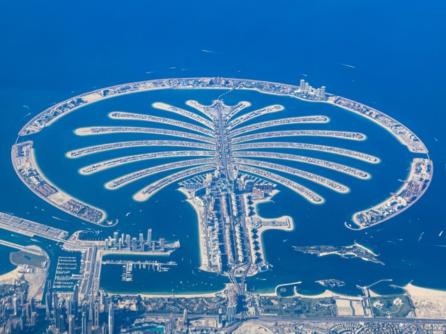 Aerial view of Palm Jumeirah island in Dubai, UAE