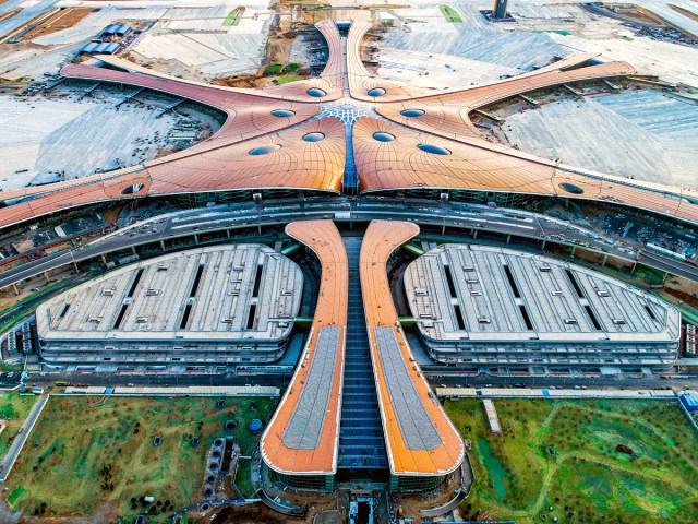 Aerial view of main terminal building at Beijing Daxing International Airport