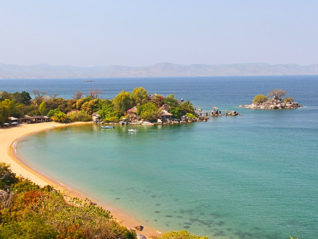 Sandy beach along Lake Malawi in Africa, seen from above