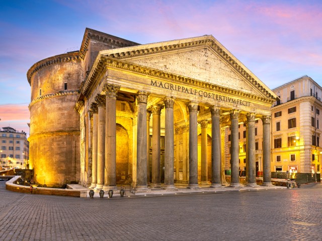 Exterior of the Pantheon in Rome, Italy, lit at night