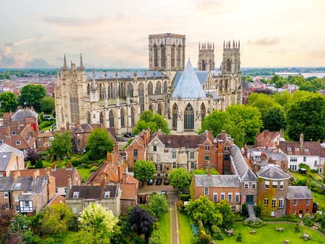 Aerial view of York, England, featuring York Minster cathedral