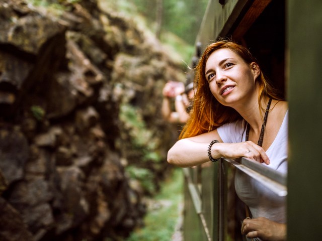 Passengers leaning and gazing out of train window