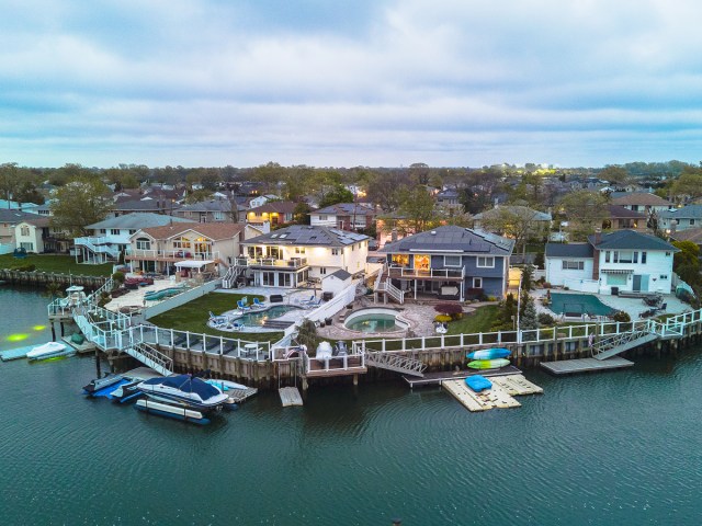 Aerial view of waterfront homes in Oceanside, New York