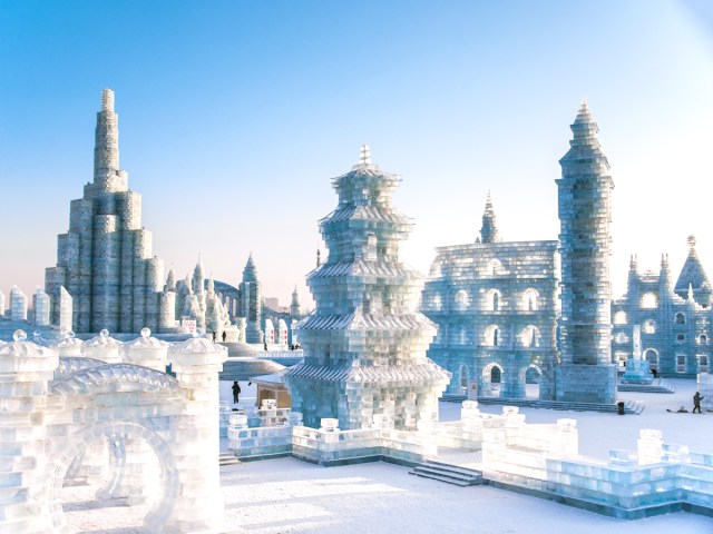 Large-scale ice sculptures at the Harbin International Ice and Snow Sculpture Festival in China