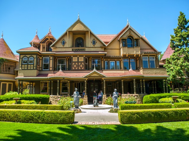 Gardens and whimsical exterior of the Winchester Mystery House in San Jose, California