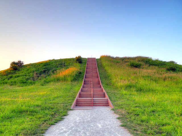 Steps leading to hilltop at Cahokia Mounds State Historic Site in Illinois