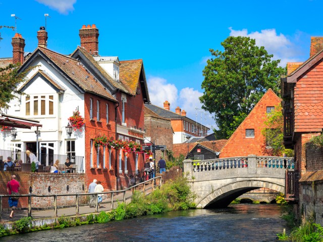 Riverside path and pubs in Winchester, Hampshire, England