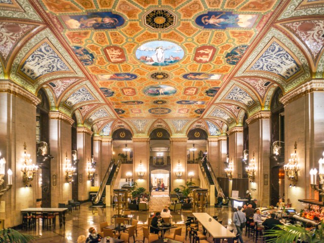 Soaring mural-covered ceilings of the Palmer House hotel in Chicago, Illinois