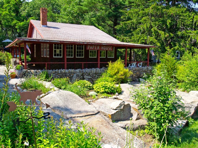 Exterior and gardens of the Paper House in Rockport, Massachusetts