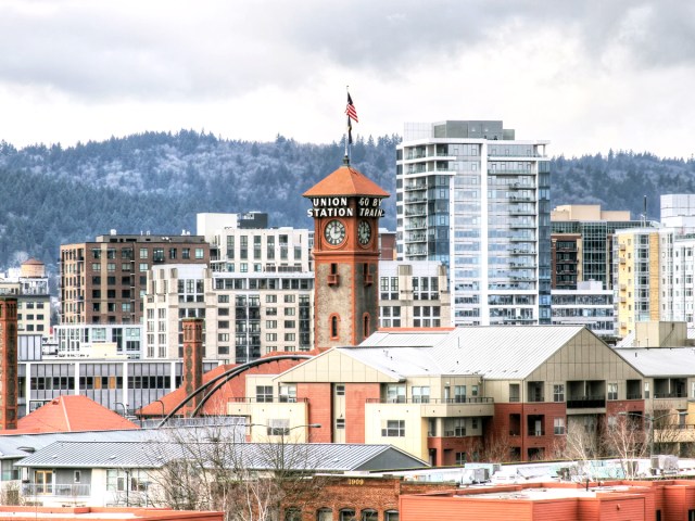 Union Station surrounded by high-rises of downtown Portland, Oregon