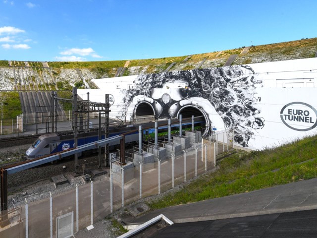 Train emerging from the Channel Tunnel between England and France