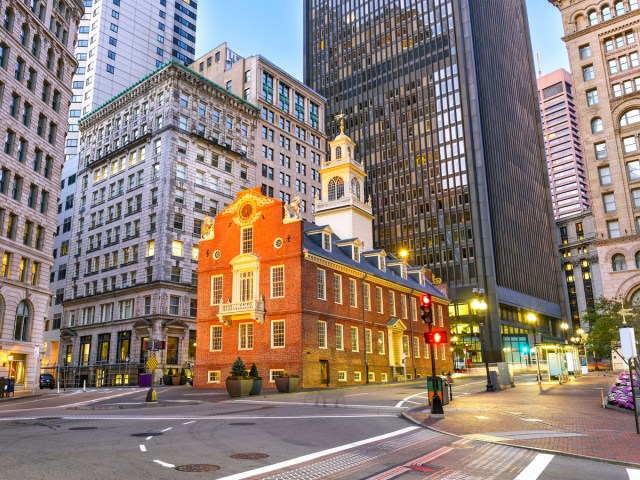 Historic church surrounded by high-rises of downtown Boston, Massachusetts