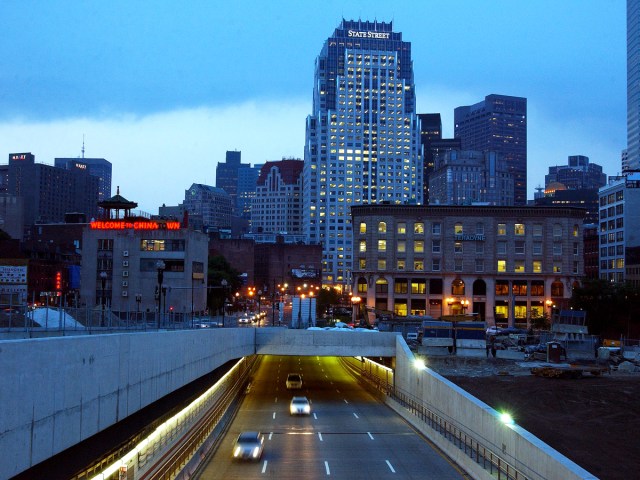 Highway tunnel under downtown Boston, Massachusetts, seen at night