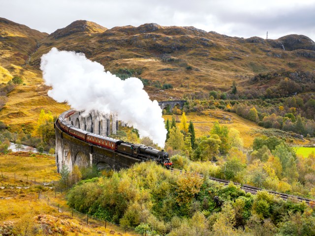 The Jacobite steam train passing through the Scottish Highlands