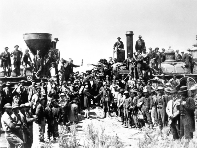 Historical photograph of construction workers on the Transcontinental Railroad