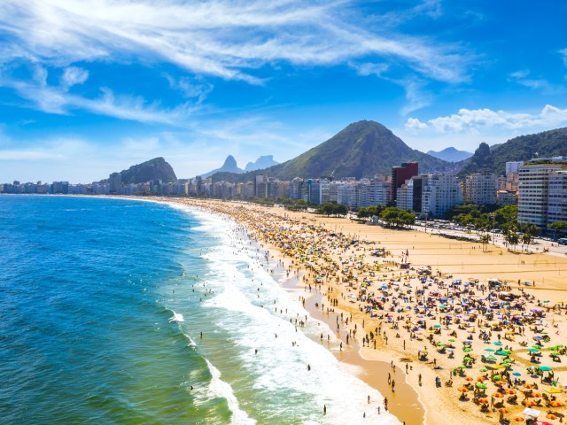 Aerial view of sunbathers in Ipanema Beach in Rio de Janeiro, Brazil