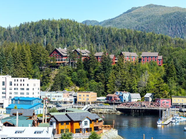 Waterfront town of Ketchikan, Alaska, surrounded by forest and mountains