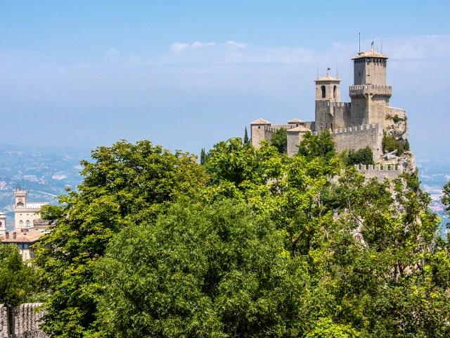 The Three Towers of San Marino on hilltop overlooking capital