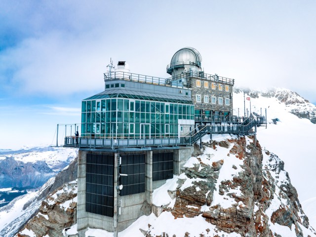 Sphinx Observatory on snowy mountaintop in Switzerland