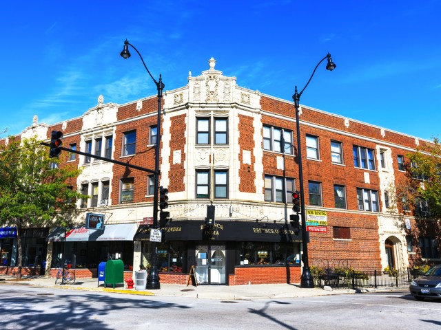 Street corner in Lincoln Square neighborhood of Chicago, Illinois