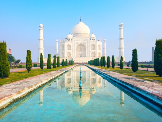 Taj Mahal in Agra, India, with reflecting pool